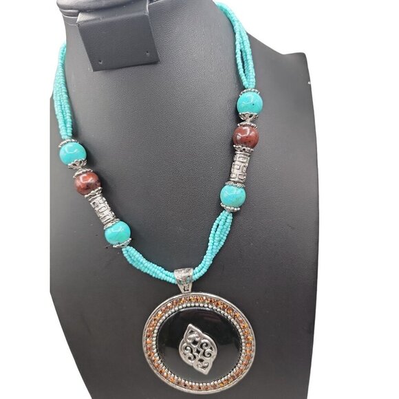 Faux Turquoise Large Pendant Necklace Runway Style Silver Tone 21" Beaded Chain - Picture 5 of 16